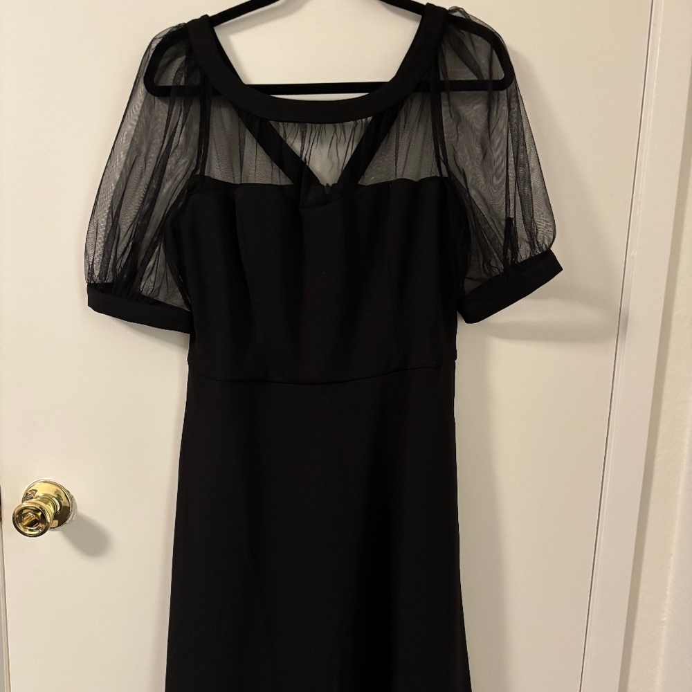 Black Midi Dress with Mesh Neckline